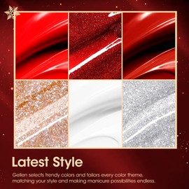 Gellen Red Gel Nail Polish, 6 Colors Christmas Red Burgundy Glitter Gel Polish Set Snow White Gold Silver Sparkle Nail Gel Kit Soak Off Uv Nail Lamp Gel Polish Holiday Nail Art Home Diy Manicure