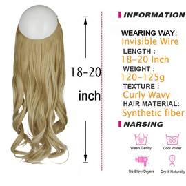 Invisible Hair Extensions Adjustable Invisible Wire Hair Piece Curly Wavy Long Synthetic Hairpieces for Women One Piece Natural Heat Temperature Fiber (20 Inch, Ash Blonde Mix Bleach Blonde)