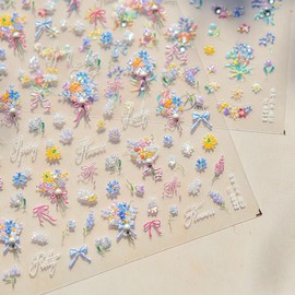 Spring Yellow Small Bouquet Nail Decals Sticker 5D Flower Nail Decal with Flat Gem Design, Embossed Flowers Ribbon Bow Nail Art Sticker for Women Girls DIY Manicure Decoration Supplies 1 Sheet