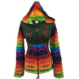 Shopoholic Fashion Women's Patchwork Pixie Hood Rainbow Pattern Jacket, Hippy Style, Green