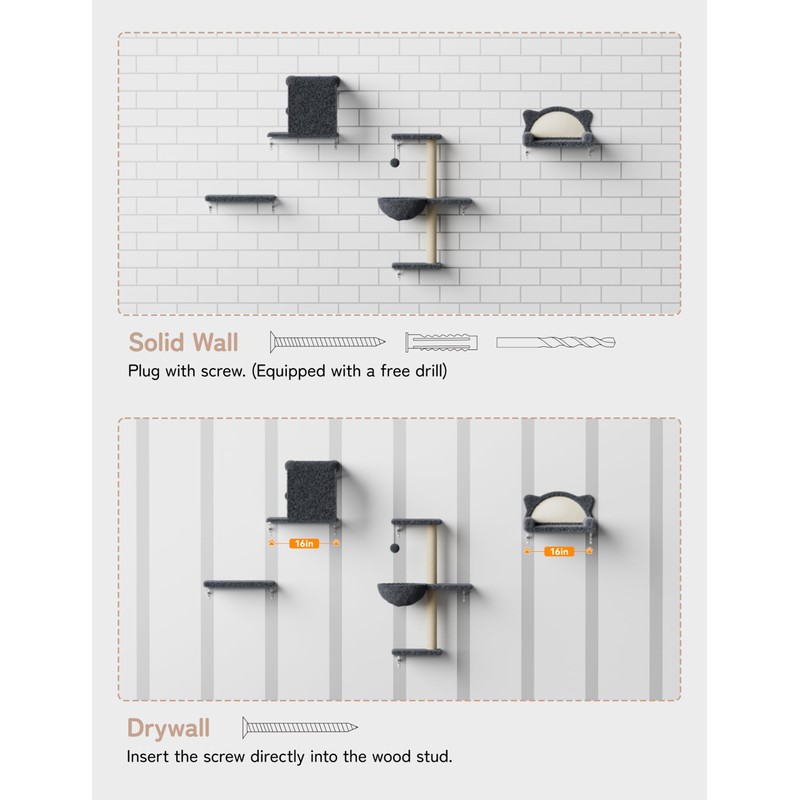 5-in-1 Cat Wall Shelves, Solid Wood & Velvet & Sisal