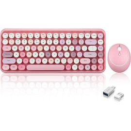 Perixx PERIDUO-713 Wireless Mini Keyboard and Mouse Combo, Retro Round Key Caps, Pastel Pink, US English Layout