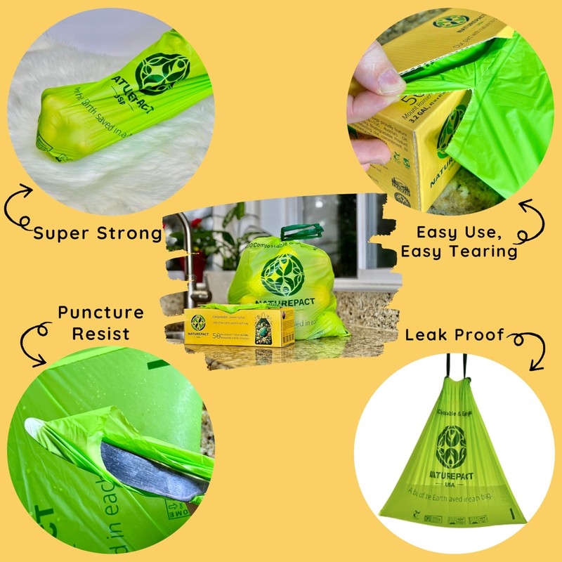 NaturePact USA Extra Thick 1 MIL Compostable Trash Bags, Drawstring,