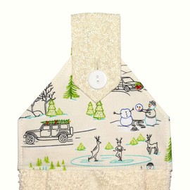 Hanging Hand Towel - Funny Winter Scene - Skaters - Deer - Snowmen - Cream Plush Towel - Handmade by Green Acorn Kitchen