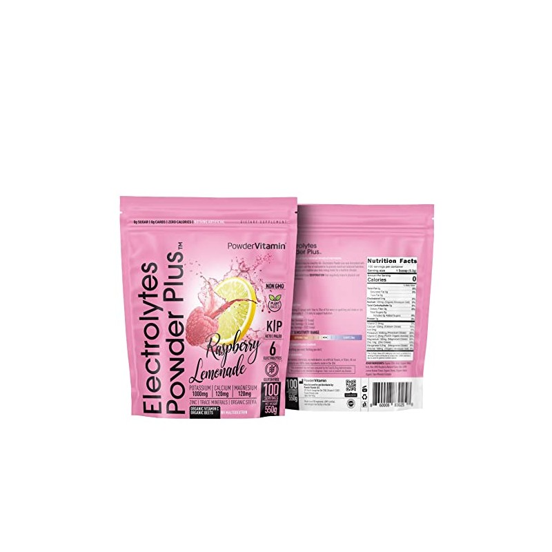 PowderVitamin Electrolitos en polvo Plus (100 porciones) Limonada de frambuesa