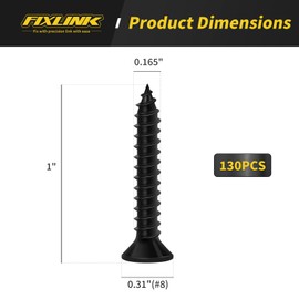 Wood Screws 1 Inch, 130 PCS FIXLINK Premium Flat Head Phillips Black Wood Screws, Self Tapping Electrophoresis Used in Indoor Furniture, Woodworking (#8 x 1)