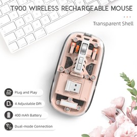 MAGIC-REFINER HXSJ Kabellose Maus Bluetooth, 2,4GHz+Bluetooth 5.0 Funkmaus Wiederaufladbare Leise Ultra Slim 2400DPI, Gaming Maus Transparente, Akkuladestand Sichtbar, für Laptop/PC/Mac/Tablet, Rosa