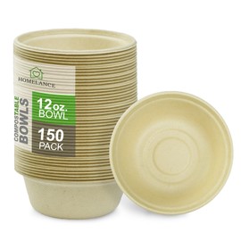 Homelance Compostable Bowls 12 OZ/350ml 150Pcs – Bamboo & Bagasse Disposable Bowls for Hot Soup-Temperature Resistant & Microwave Safe – Paper Bowls Disposable for Daily Meals