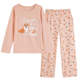 Vopmocld Young Girls Cartoon Corgi Pajama Sets Long Sleeve Cotton Sleepwear Cute Clothes 2PCS Sets, Corgi, 14