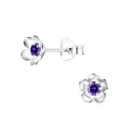 Frieda + Paul Flower Zirconia Amethyst Stone Ladies Women Girls Stud Earrings 925 Sterling Silver Tarnish-Resistant Jewellery Box, Silver, Amethyst