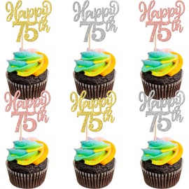 24 decoraciones de magdalena 75, doradas, oro rosa, plata, purpurina, setenta y cinco vítores a 75 púas de magdalenas, 75 fabulosas decoraciones para tartas de cumpleaños para 75 cumpleaños, bodas, aniversarios y fiestas