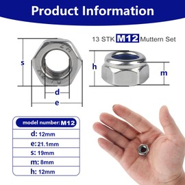RUGLAMZHIP 13 STK M12 Muttern Set, Selbstsichernde Muttern, DIN 985 Mutter M12 Edelstah Standard A2 V2A Muttern, Metrisch Sechskantmuttern M12, Sicherungsmuttern M12, Stopmuttern, Kontermuttern, Schraubmutter