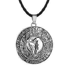 Raven Necklace for Men, Norse Celtic Raven Pendant Necklace with 19.7” Chain, Viking Runes Amulet Necklace, Vintage Crow Couple Necklace, Coin Necklace, Punk Animal Bird Jewelry(Silver)