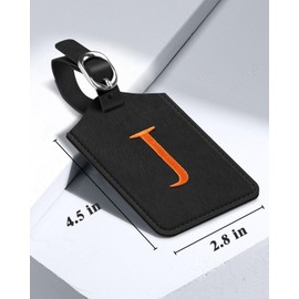 Fintie Letter Luggage Tag, Black PU Leather Embroidered Luggage Tag, Privacy Cover Monogrammed Luggage Tag for Suitcase Baggage Handbag Travel Bag Label, J