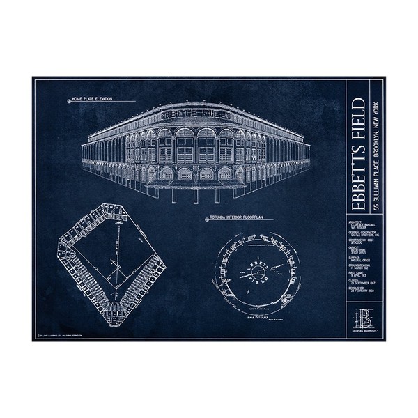Ebbets Field Blueprint Style Print (Unframed, 18"H x 24"W)