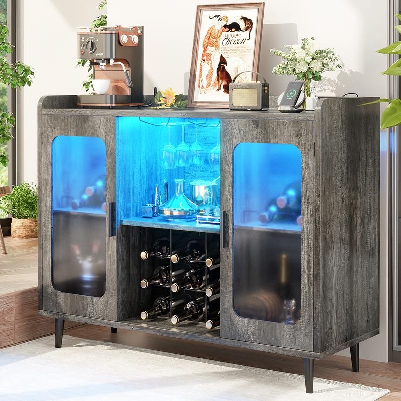 Wine Bar Cabinet with Power Outlet & LED Light Home
