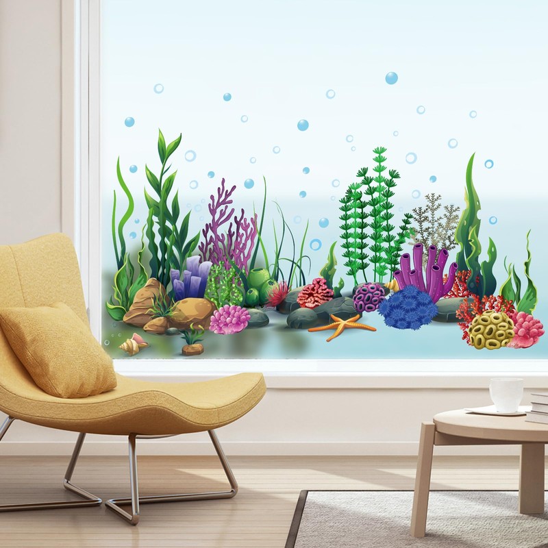 JarThenaAMCS Large Summer Window Clings Ocean Themed Seaweed Coral Window