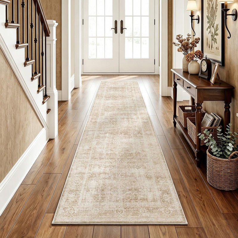 2x8 Hallway Runner Rug Washable Beige Neutral Vintage Distressed
