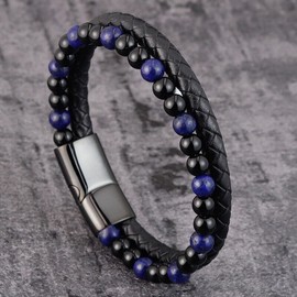 Unbranded Lapis Lazuli Obsidian Beads Men's Braided Leather Bracelet Magnetic Clasp Bangle