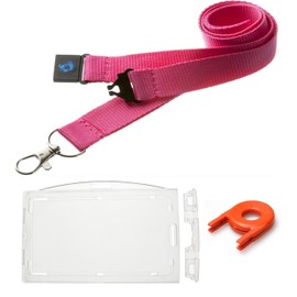 20mm Lanyard with Lockable Horizontal Badge/ID Card Holder and Locking Key (1, Pink)