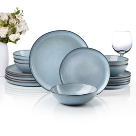 HaWare Plates and Bowls Set, Stoneware Dinnerware Sets, 18-Piece Hand-painted Dishware for 6, Ceramic Dinner Set for Home Kitchen, Scratch Resistant, Microwave and Dishwasher Safe, Reactive Foggy Blue