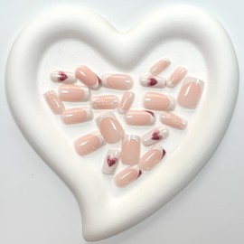 Nude Press on Nails Short Square Valentine's Day Fake Nails with Glitter Heart Deign French Tips Medium False Nails Glossy Full Cover Glue on Nails Stick on Nails for Women and Girls 24Pcs