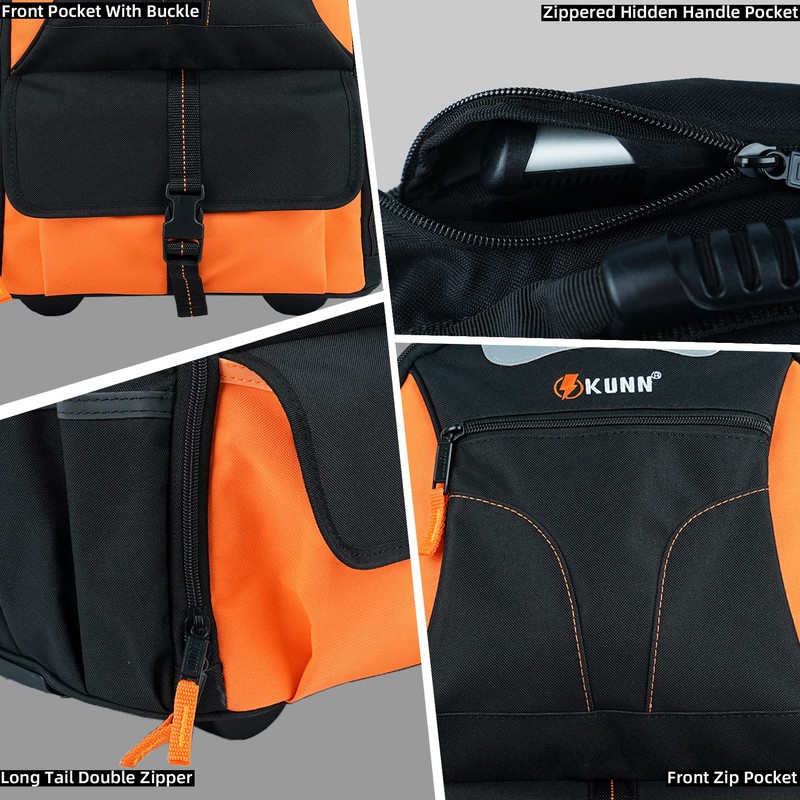 KUNN Rolling Tool Bag 37Pockets Wheeled Tool Backpack with Widen