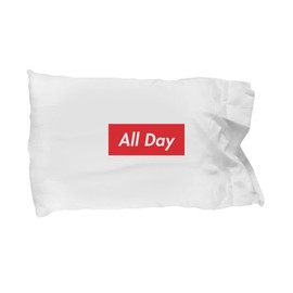 Hogue WS LLC All Day Standard Size White Pillow Case - Red Box White Letters Design Allday AD