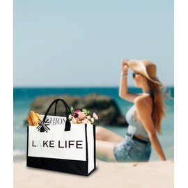 Gezred Lake Life Tote Bag for Women, Funny Boat Accessories Beach Canvas Tote Bag Gift for Her, 12x17 inch