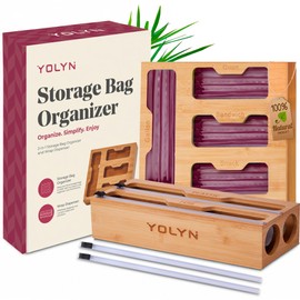 YOLYN Bamboo Kitchen Storage Bag Organizer, Drawer Organizer with Foil Dispenser, Bamboo Organizer for Sandwich Bags, Plastic Wrap, Baggie and Foil, Premium Kitchen Drawer Organizer