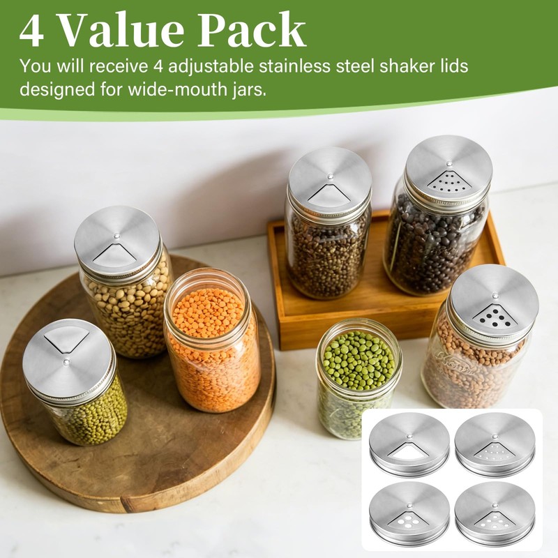 Wide Mouth Adjustable Spice Shaker Lids Fit Mason Jars &