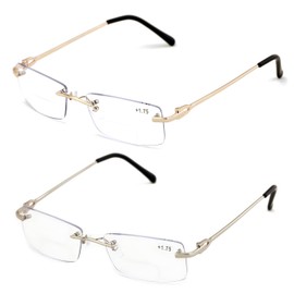 V.W.E. 2 Pairs Metal Slim Low Profile Modern Rimless Clear BIFOCAL Reading Glasses with Anti Blue and AR Coating (1 Gold 1 Silver, 1.75, x)