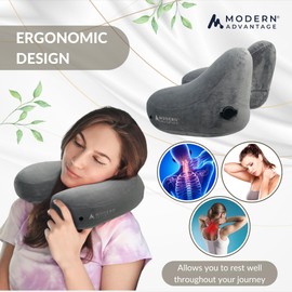 Modern Advantage Inflatable Travel Pillow for Airplanes with Comfort Hood, Adjustable Neck Support, Lightweight & Compact Flight Pillow for Sleeping on Long Flights & Travel (Grey)