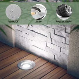 ledscom.de BOLI Recessed Floor Light for Outdoor Use, IP67, Stainless Steel, Round, 108 mm Diameter, 1x GU10 Max. 15 W