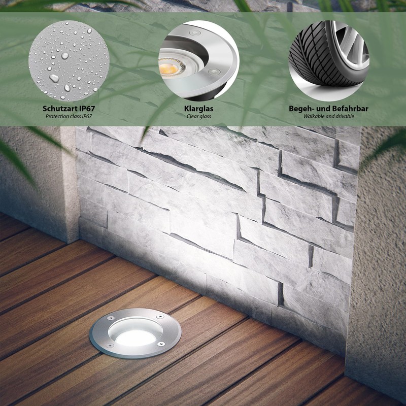 ledscom.de BOLI Recessed Floor Light for Outdoor Use, IP67, Stainless