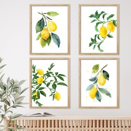 SIGNWIN Framed Pastel Watercolor Lemon Fruits Wall Art, Set of 4 Nature Wilderness Wall Decor Prints, Botanical Floral Wall Décor for Living Room, Bedroom - 8"x10" Natural
