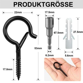 Pack of 48 Screw Hooks, Black, Small Screw Hooks, Stainless Steel, Screw Hooks with Safety for Plant Baskets, Bird Feeders, Wind Chimes, Fairy Lights, Includes 1 Wing Nut Driver