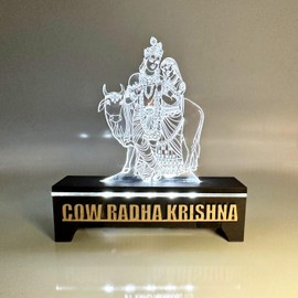 3D Illusion Lord Radha Krishna Kanahiya With LED Light, Shri Radha Krishan For Gift/ Home Décor / Office / Car Dashboard / Mandir (Radha Krishana Sitting on Cow Statue) – (4.35”x2”x4.35”) – Pack of 1