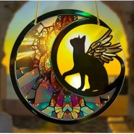 Unbranded "2D Acrylic Black Cat Wings Wall Hanging Decor 20x20cm Stained Glass Bedroom"