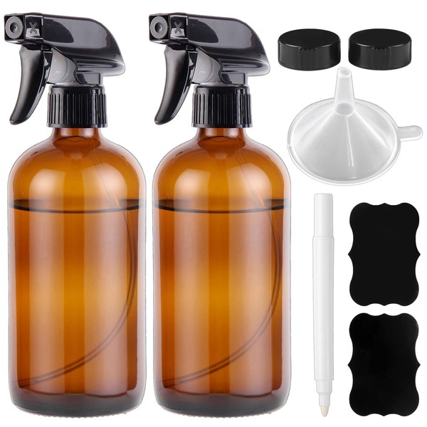 Empty Glass Spray Bottles 16oz for Cleaning, Plants, Pets, Essential Oils, Air Freshener, Durable Black Trigger Sprayer with Stream and Mist Settings (Amber, 16oz(Pack of 2))