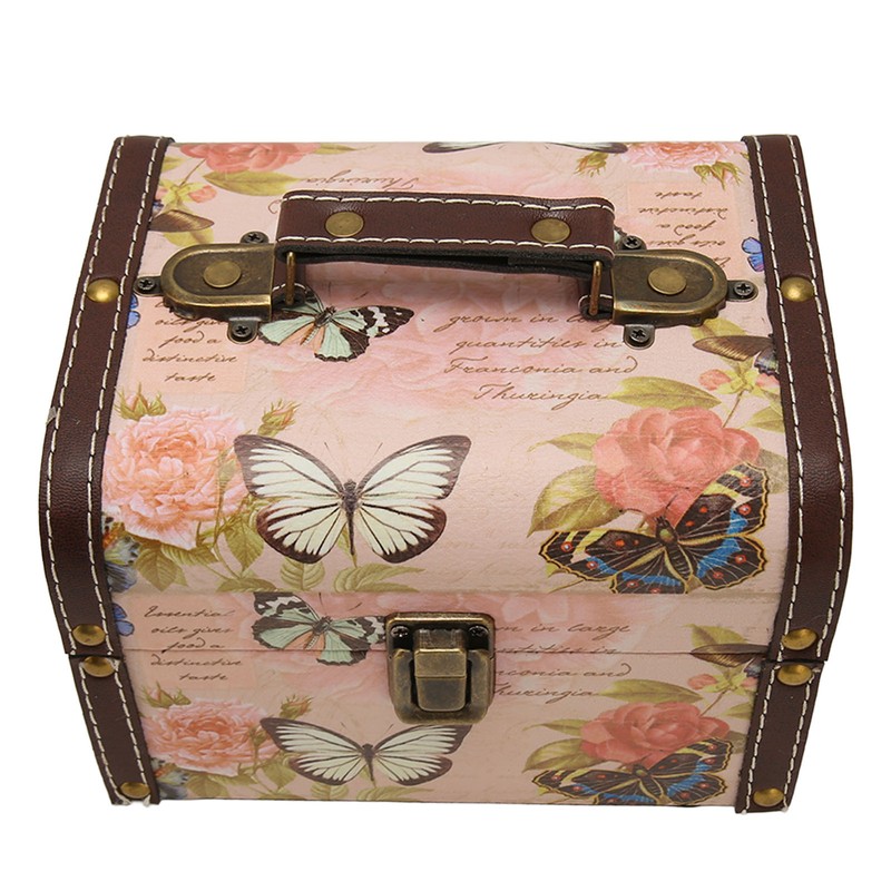 Treasure Chest Box Pink Butterfly Pattern Exquisite Retro Wooden PU