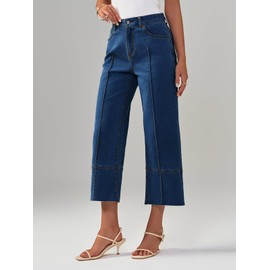 Cicy Bell Womens Baggy Wide Leg Cropped Jeans Casual High Waisted Loose Vintage Denim Pants with Pockets Navy