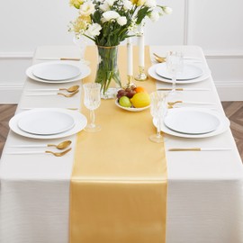 Counfeisly 4pcs Gold Satin Table Runners 12" x 108", Elegant and Smooth Silky Fabric Table Decor for Wedding Banquet Birthday Thanksgiving Valentine's Day Christmas Decoration