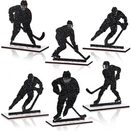 Beeveer 6 Pcs Hockey Party Table Decoration Wooden Sports Table Sign Glitter Ice Hockey Players Silhouette Centerpieces Ice Puck Tiered Tray Decor for Fans Club Sport Birthday Tailgate Party Supplies
