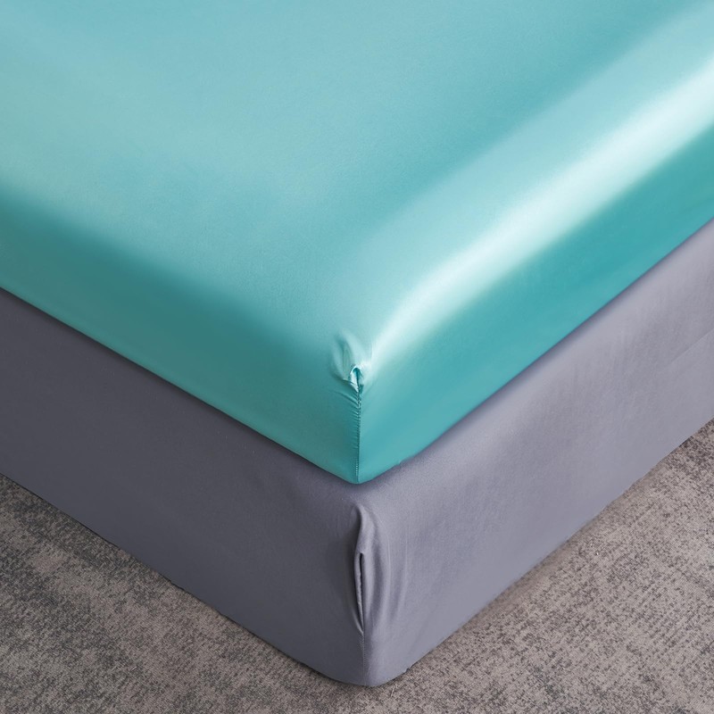 JHCHMX Satin Blue Fitted Sheets King Bed,Deep Pocket Soft Bed