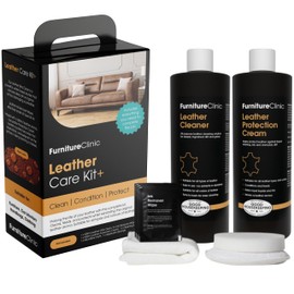 Furniture Clinic Large Leather Care Kit | Leather Cleaner + Conditioning Protection Cream for Furniture | Two 17oz Bottles + 1 Sponge & 1 Cloth | Restore Leather Couches, Car Seats, Jackets, & Boots