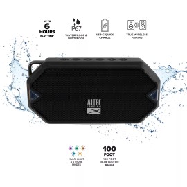 Altec Lansing Portable Black Bluetooth Speaker Waterproof with LED Lights and Compact Design