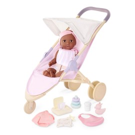 LullaBaby – 14-Inch Realistic Baby Doll Diaper & Care Accessories Bundle Brown Eyes & Soft Body - Pretend Play 2+ Years - Baby Doll & Jogging Stroller Set