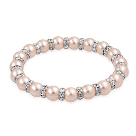 Bling Jewelry Light Pink Simulated Pearl Stackable Strand Stretch Bracelet for Women White Crystal Rondelle Spacer Silver Plated Brass