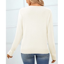 QUALFORT Women's 100% Cotton Sweater V Neck Long Sleeve Knitted Sweaters Off White Medium
